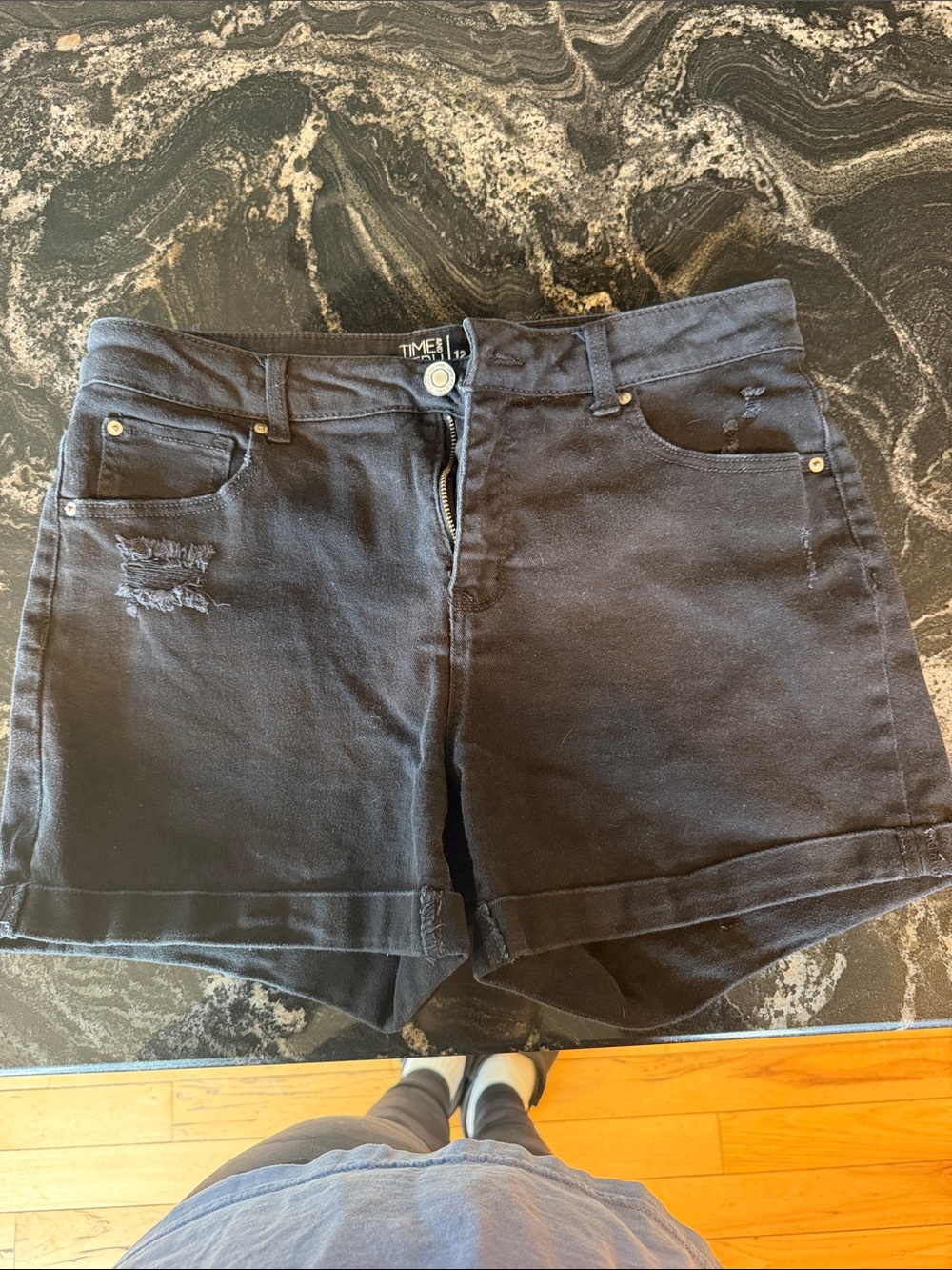Time and Tru Black Distressed High-Rise Jean Shorts